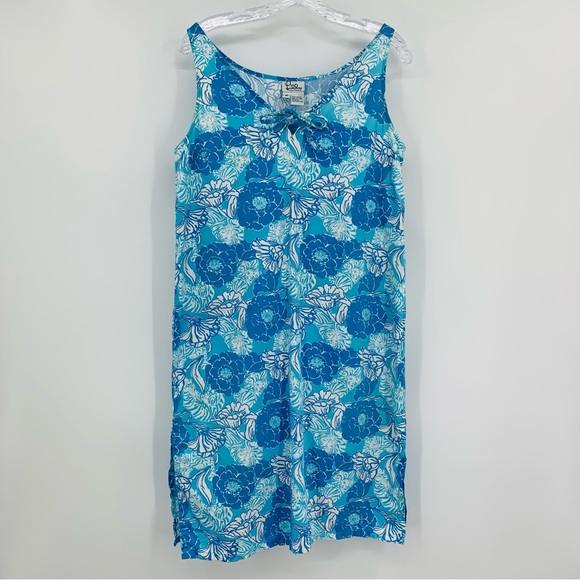 Lilly Pulitzer Vintage Shift Dress Tiger Print Tie Neck Blue Size M - Picture 1 of 6